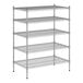 A wireframe of a Regency metal wire shelving unit with five shelves and chrome posts.