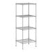 A white wireframe metal shelving unit with four shelves.