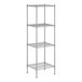 A white wireframe metal Regency shelving unit with four shelves.