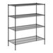 A black wire shelving unit with four shelves on wireframes.