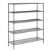 A black wire shelving unit with five shelves.