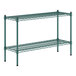 A green metal shelf with two shelves.