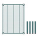 A green metal grid shelf with four poles.