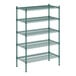 A green metal wire shelving unit with five shelves.