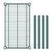 A green metal grid with four green cylindrical rods.