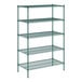 A Regency green metal wire shelving unit with four shelves.
