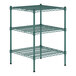 A green metal wire shelf kit with three shelves.