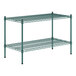 A green metal wire shelving unit with two shelves.