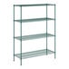 A green metal wire Regency shelving unit with four shelves.