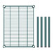 A green metal grid shelf with four poles.
