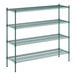 A green epoxy wire shelving unit with four shelves.