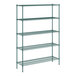 A green metal Regency wire shelving unit with five shelves.