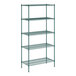 A green metal wire shelving unit with five shelves.