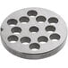 An Avantco stainless steel grinder plate with circular holes.