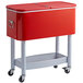 A red Choice beverage cooler cart with a lid on wheels.