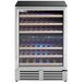 An AvaValley wine cooler with glass shelves and blue lights.
