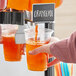 A person pouring Narvon Orange beverage into a plastic cup.