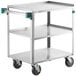A Regency stainless steel utility cart with three shelves and wheels.