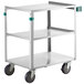 A stainless steel Regency utility cart with three shelves and black wheels.