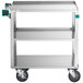 A Regency stainless steel utility cart with two shelves and black wheels.