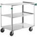 A Regency stainless steel utility cart with three shelves and wheels.