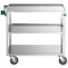 A Regency stainless steel utility cart with three shelves.