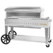 A silver stainless steel Crown Verity mobile outdoor pizza oven with wheels.