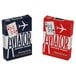 A red and white box of Aviator playing cards with two cards inside.
