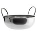 A silver stainless steel Vollrath balti bowl with handles.