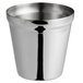 A silver stainless steel cup with a black handle.