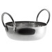 A silver stainless steel Vollrath balti bowl with two handles.