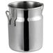 A silver stainless steel Vollrath mini milk can with a handle.
