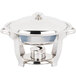 A silver metal Vollrath Orion Lift-Off Small Oval Chafer with a lid and a handle.