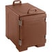 A brown CaterGator front loading insulated food pan carrier with handles.