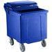 A blue plastic bin with wheels.