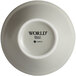 A white porcelain Libbey bowl with black text that reads "Englewood" on it.