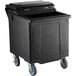 A black plastic CaterGator mobile ice bin with blue wheels.