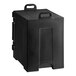 A black front-loading insulated food pan carrier with handles, designed to hold up to five full-size pans.