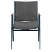 A gray fabric chair with a metal frame and wooden armrests.