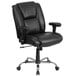 A Flash Furniture black leather office chair with wheels and armrests on a chrome base.