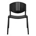 A Flash Furniture black plastic banquet chair with a metal frame and an oval cutout in the back.