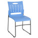 A blue plastic Flash Furniture stack chair with black legs.