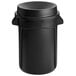 A black plastic Rubbermaid BRUTE trash can with a black funnel top lid.