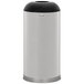 A stainless steel Rubbermaid round trash can with a galvanized liner and open top.