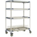 A MetroMax metal rack with shelves on wheels.