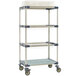 A MetroMax 4 mobile three tier tray drying rack with metal shelves on wheels.