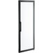 A black rectangular door with a white glass handle.