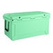 A seafoam green CaterGator outdoor cooler with black handles and a lid.