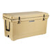 A beige CaterGator outdoor cooler with black handles.