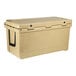 A tan CaterGator outdoor cooler with a black lid and black handle.